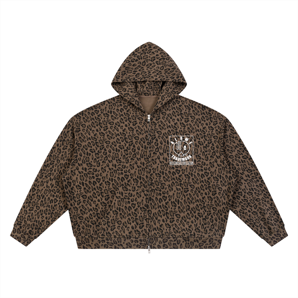 Unisex Leopard Print Waffle Full Zip Hoodie